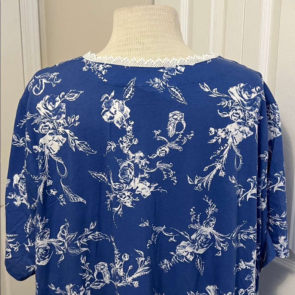Adonna Blue and White Floral Owl Print Short Sleeve Nightgown Size 3X - Picture 9 of 16